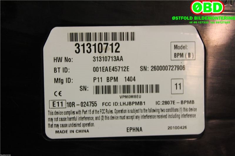 Styreenhet diverse til Volvo XC60 2008-2013 (Type I, Fase 1)  (VOLVO||31310712)