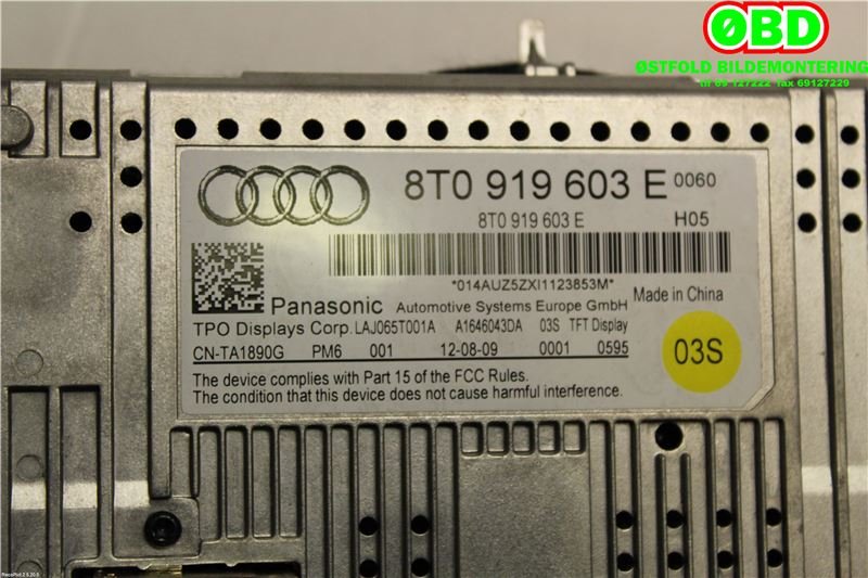 Instrument kjørecomputer til Audi A4 2007-2014 (Type IV) (B8) (B8) (AUDI||8T0919603E)