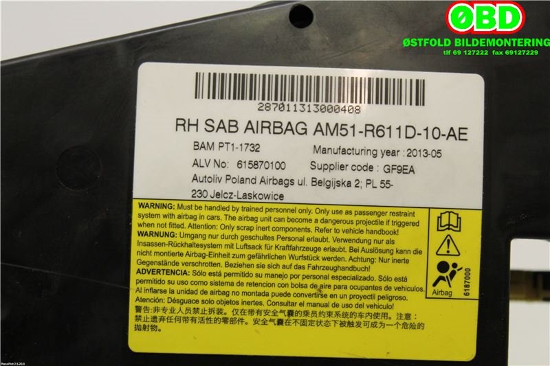 Airbag sidepute høyre til Ford Focus 2011-2014 (Type III, Fase 1)  (FORD|1749215||AM51R611D10AE)