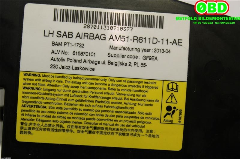 Airbag sidepute venstre til Ford Focus 2011-2014 (Type III, Fase 1)  (FORD|1749216||AM51R611D11AE)