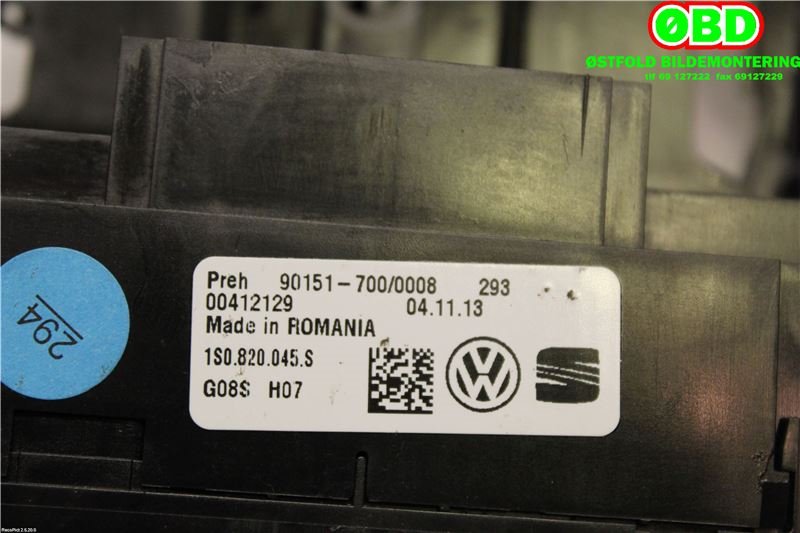 Varmeapparat betjening til VW E-Up 2013-2019  (VOLKSWAGEN|1S0 820 045 S||1S0820045S)