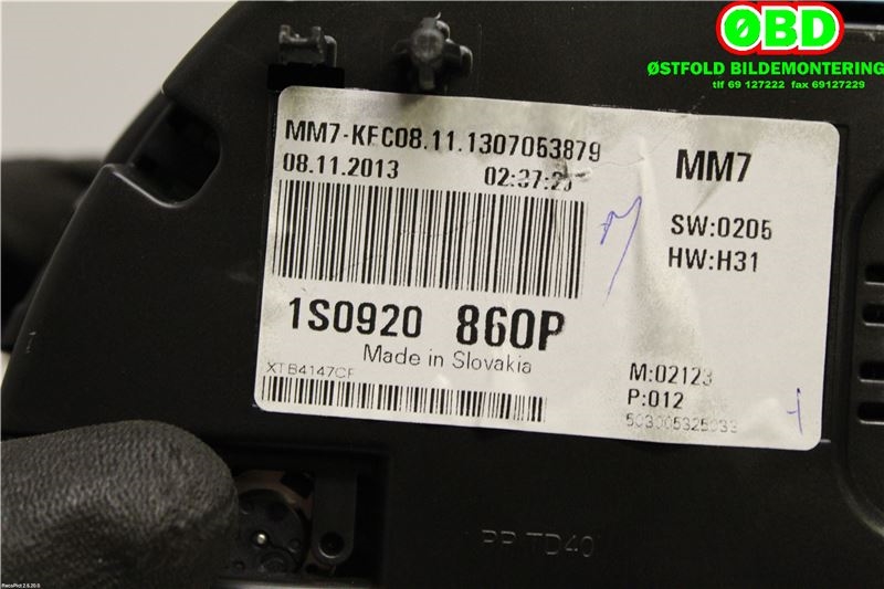 Instrumentpanel til VW E-Up 2013-2019  (VOLKSWAGEN|1S0 920 860 P||1S0920860P)