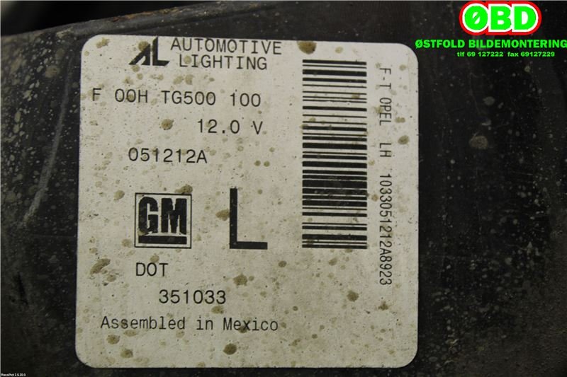 Tåkelykt venstre foran til Opel Ampera 2012-2014 (Type I)  (OPEL|20846541|1226135|)