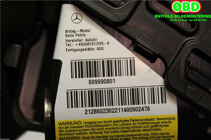 Airbag sidepute venstre til Mercedes E-Klasse 2013-2016 (Fase 2) (W212) (W212) (MERCEDES|A 212 860 23 02||2128602302)