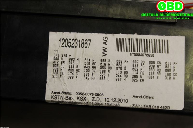 Sikringsboks til VW Tiguan 2011-2016 (Type I, Fase 2)  (VOLKSWAGEN|000 937 615|)