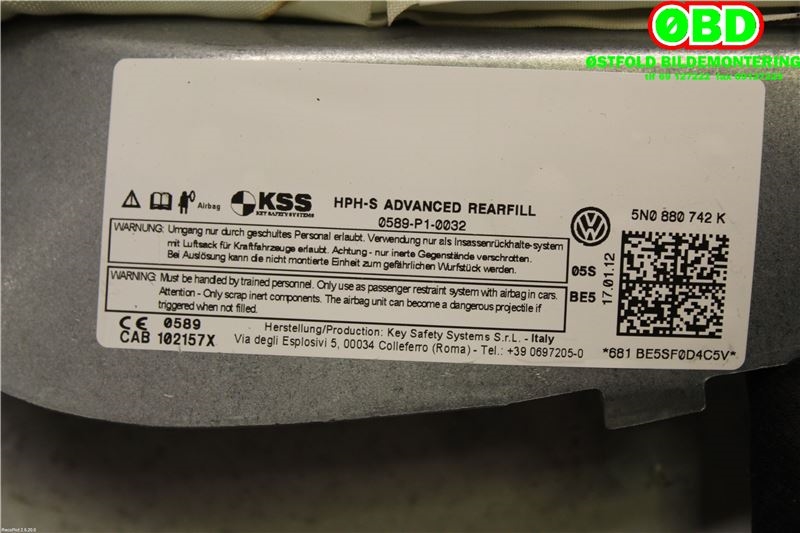 Airbag gardin høyre til VW Tiguan 2011-2016 (Type I, Fase 2)  (VOLKSWAGEN|5N0 880 742 L||5N0880742K)
