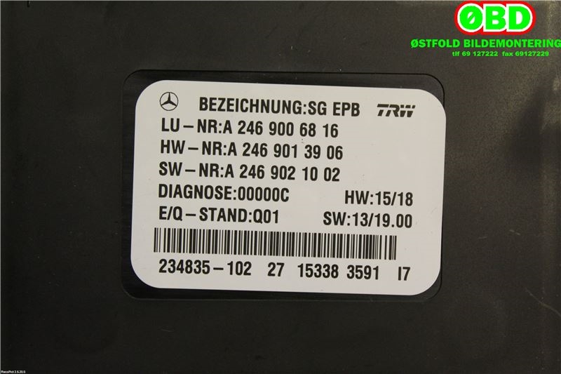 Styreenhet elektrisk parkbrems (EPB - Electric Parking Brake) til Mercedes A-Klasse 2012-2018 (W176) (W176) (MERCEDES|A 246 900 68 16|A 246 900 85 16|2469006816)