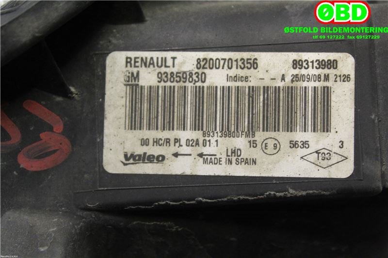 Frontlykt høyre halogen til Renault Trafic 2006-2014  (RENAULT|8200701356|93859830)