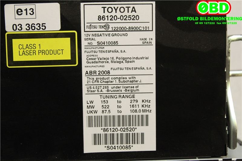 Bilstereo til Toyota Auris 2007-2010 (Type I, Fase 1)  (TOYOTA|8612002520|)