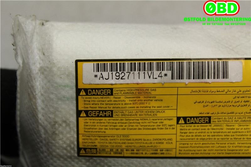 Airbag sidepute høyre til Toyota Auris 2010-2012 (Type I, Fase 2)  (TOYOTA|)