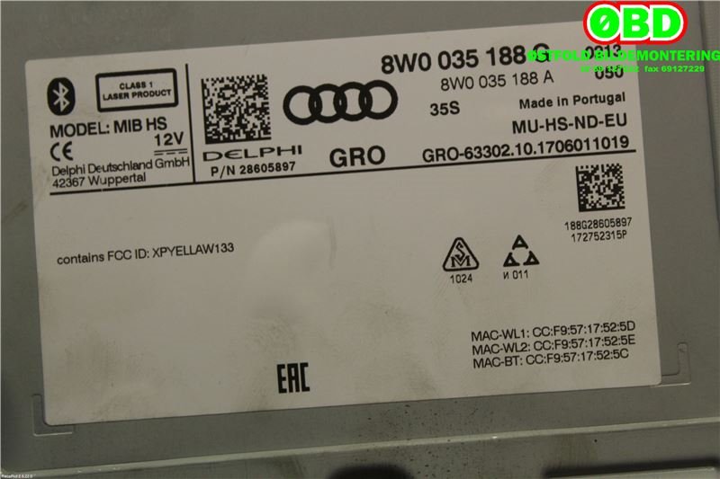 Bilstereo navigasjon til Audi A4 2015-2019 (Type V, Fase 1) (B9) (B9) (AUDI A4 AVANT|8W0 035 188 G||8W0035188G)
