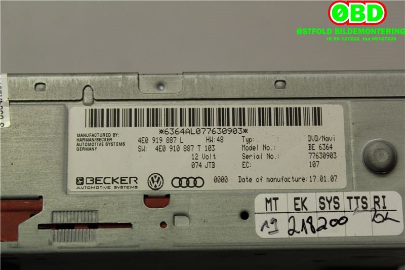 Bilstereo navigasjon til Audi A6, Allroad 2006-2008 (Type II, Fase 1) (C6) (C6) (AUDI|4E0 910 888 PX||4E0919887L)