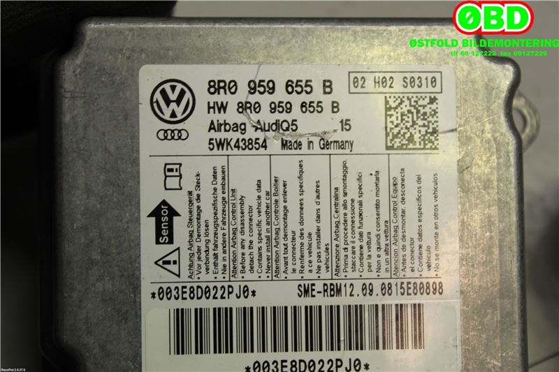 Airbag elektronikk til Audi Q5 2008-2012 (Type I, Fase 1)  (AUDI|8R0 959 655 E||8R0959655B)