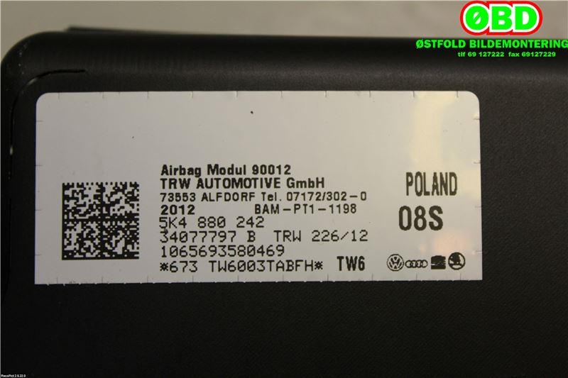 Airbag sidepute høyre til VW Golf VI 2008-2012  (VOLKSWAGEN|5K4 880 242||5K4880242)