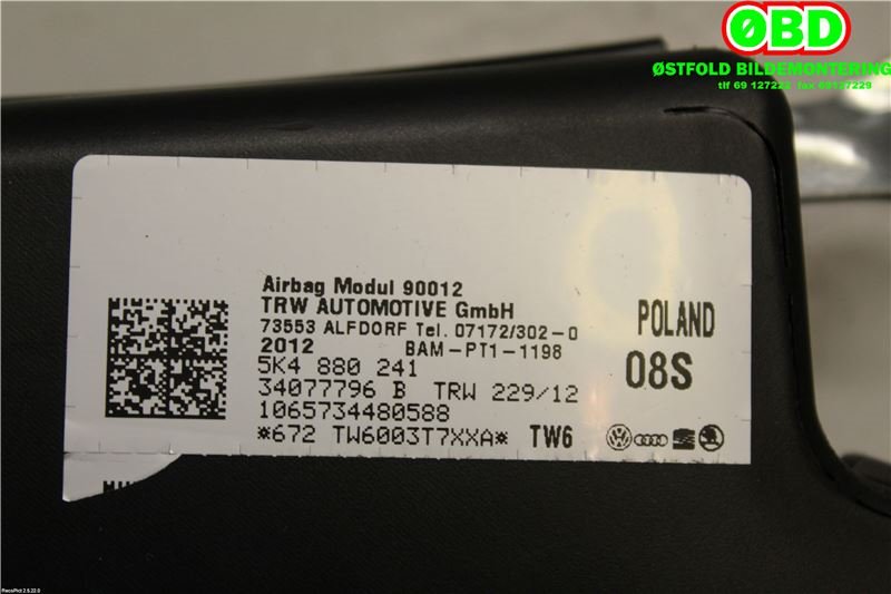 Airbag sidepute venstre til VW Golf VI 2008-2012  (VOLKSWAGEN|5K4 880 241||5K4880241)
