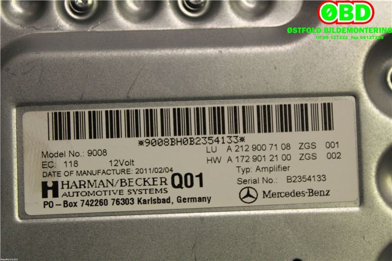 Bilstereo forsterker til Mercedes C-Klasse 2011-2014 (Fase 2) (W204) (W204) (MERCEDES|A 212 900 71 08||2129007108)