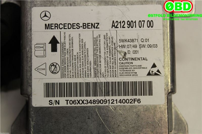 Airbag elektronikk til Mercedes E-Klasse 2009-2013 (Fase 1) (W212) (W212) (MERCEDES|A 212 901 07 00|A 212 901 42 04|2129010700)