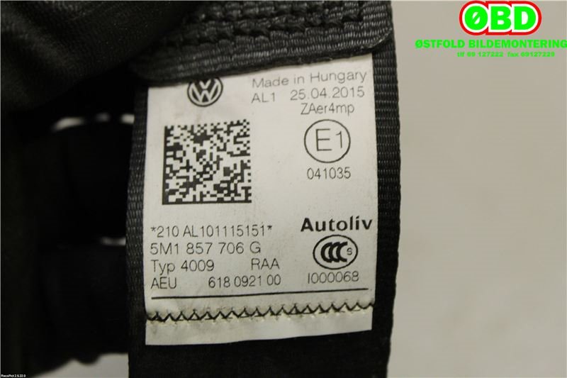 Airbag beltestrammer til VW Golf, Plus/Cross 2009-2013 (Fase 2)  (VOLKSWAGEN|5M1 857 706 F||5M1857706G)