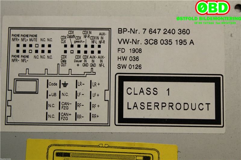 Bilstereo til VW CC 2008-2012 (PASSAT CC) (PASSAT CC) (VOLKSWAGEN||3C8035195A)