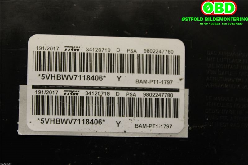 Airbag sidepute venstre til Peugeot 208 2012-2019 (Type I)  (9800546880||9802247780)