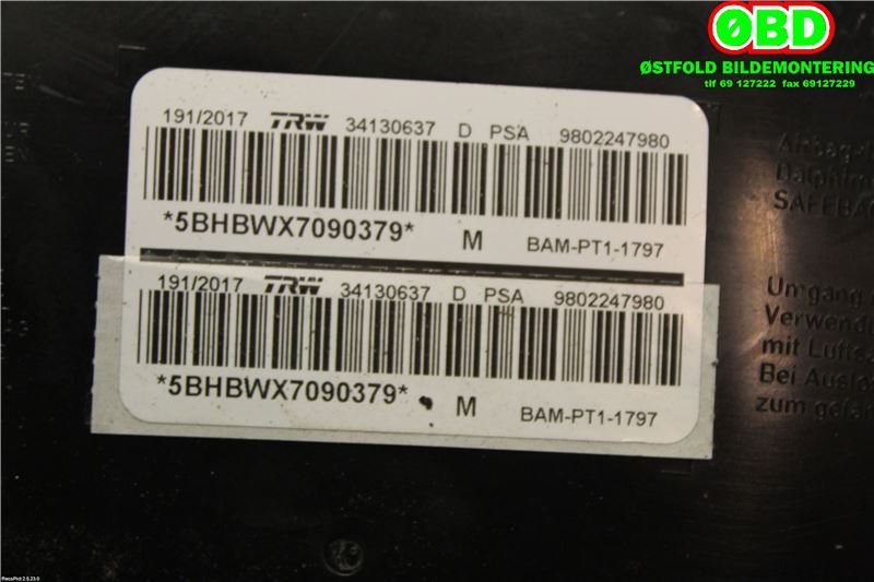 Airbag sidepute høyre til Peugeot 208 2012-2019 (Type I) (9800546780||9802247980)
