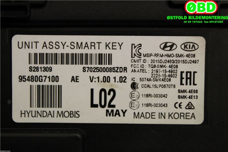 Styreenhet nøkkelfri/keyless til Hyundai Ioniq Electric 2016-2019 (Fase 1)  (95480G 7100||95480G7100)