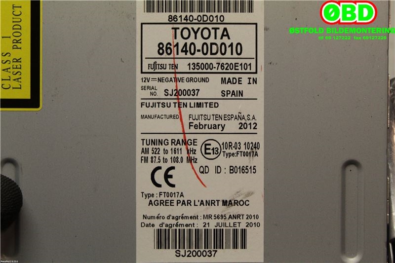 Bilstereo til Toyota Yaris 2012-2014 (Type III, Fase 1) (TOYOTA|861400D010|)