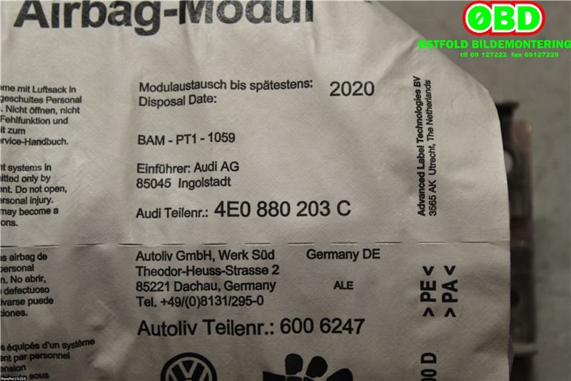 Airbag passasjer til Audi A8 2003-2010 (Type II)  (AUDI|4E0880203C|)