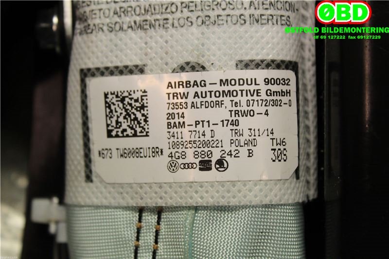 Airbag sidepute høyre til Audi A6 2014-2018 (Type IV, Fase 2) (C7) (C7) (AUDI|4G8 880 242 B|4G8 880 242 D|4G8880242B)