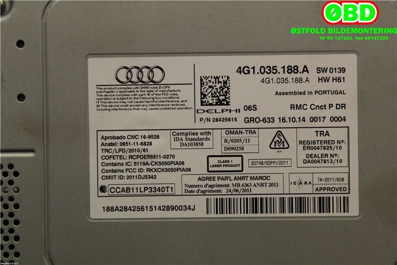 Bilstereo navigasjon til Audi A6 2014-2018 (Type IV, Fase 2) (C7) (C7) (AUDI|4G1 035 188 A||4G1035188A)