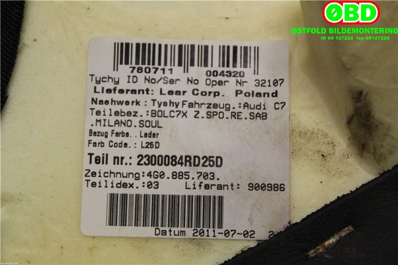 Airbag sidepute høyre til Audi A6 2011-2014 (Type IV, Fase 1) (C7) (C7) (AUDI|4G8 880 442 B|4G8 880 442 C|)