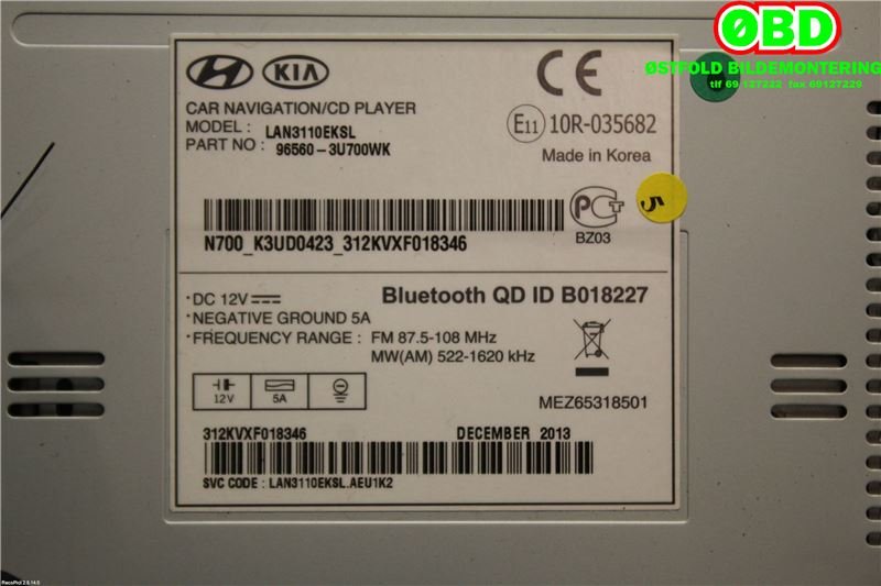 Bilstereo navigasjon til Kia Sportage 2010-2016 (Type III)  (KIA|965603U700||965603U700WK)