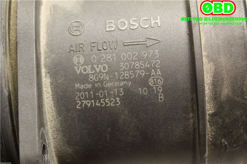 Luftmengde/luftmassemåler til Volvo V60 2010-2013 (Type I, Fase 1)  (VOLVO||0281002972|30785472)