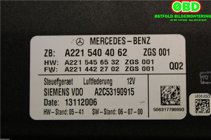 Styreenhet nivå/luftfjæring til Mercedes S-Klasse 2005-2013 (W221) (W221) (MERCEDES|A 221 540 40 62|A 221 540 79 62|2215404062)