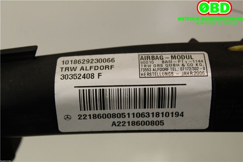 Airbag gardin høyre til Mercedes S-Klasse 2005-2013 (W221) (W221) (MERCEDES|A 221 860 08 05||2218600805)