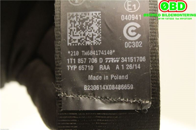 Airbag beltestrammer til VW Touran 2010-2015 (Type I, Fase 3)  (VOLKSWAGEN|1T1 857 706 D||1T1857706D)