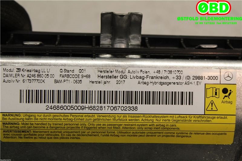 Airbag kne til Mercedes B-Klasse 2011-2018 (W246) (W246) (MERCEDES|A 246 860 05 00||2468600500)