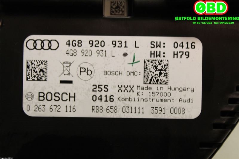 Instrumentpanel til Audi A6 2011-2014 (Type IV, Fase 1) (C7) (C7) (AUDI|4G8920931L|)