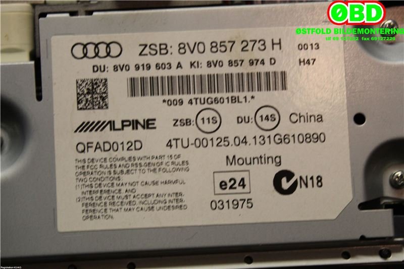 Instrument kjørecomputer til Audi A3 2012-2016 (Type III, Fase 1)  (AUDI|8V0857273H|)