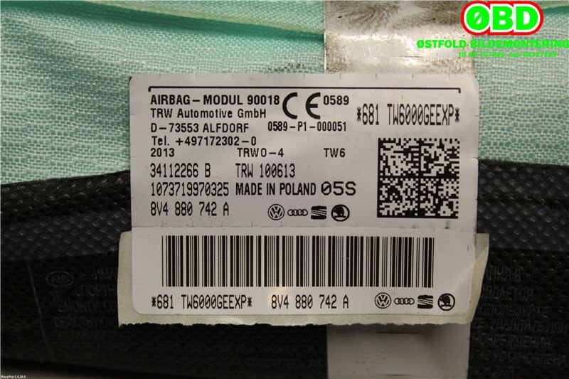 Airbag gardin høyre til Audi A3 2012-2016 (Type III, Fase 1)  (AUDI|8V4 880 742 A||8V4880742A)