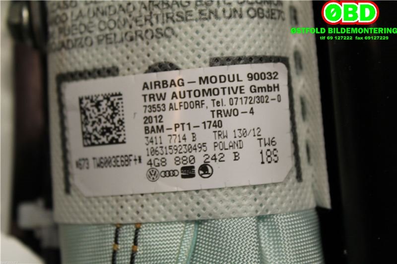 Airbag sidepute høyre til Audi A6 2011-2014 (Type IV, Fase 1) (C7) (C7) (AUDI|4G8 880 242 B|4G8 880 242 D|4G8880242B)