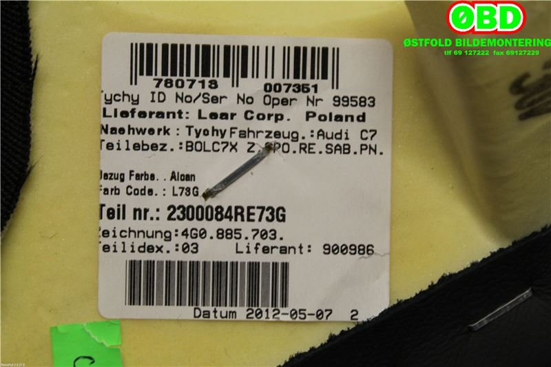 Airbag sidepute høyre til Audi A6 2011-2014 (Type IV, Fase 1) (C7) (C7) (AUDI|4G8 880 442 B|4G8 880 442 C|)