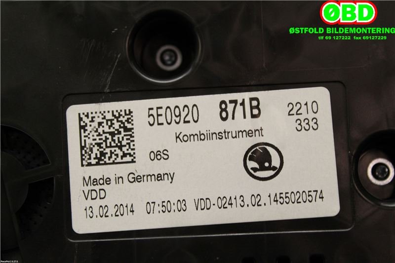 Instrumentpanel til Škoda Octavia 2013-2016 (Type III, Fase 1)  (SKODA|5E0 920 871 B||5E0920871B)