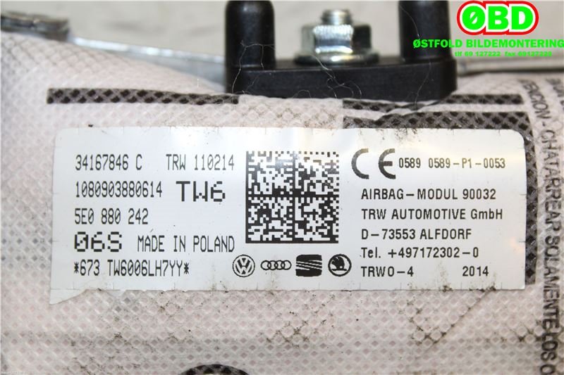 Airbag sidepute høyre til Škoda Octavia 2013-2016 (Type III, Fase 1) (SKODA|5E0 880 242|5E0 880 242 A|5E0880242)
