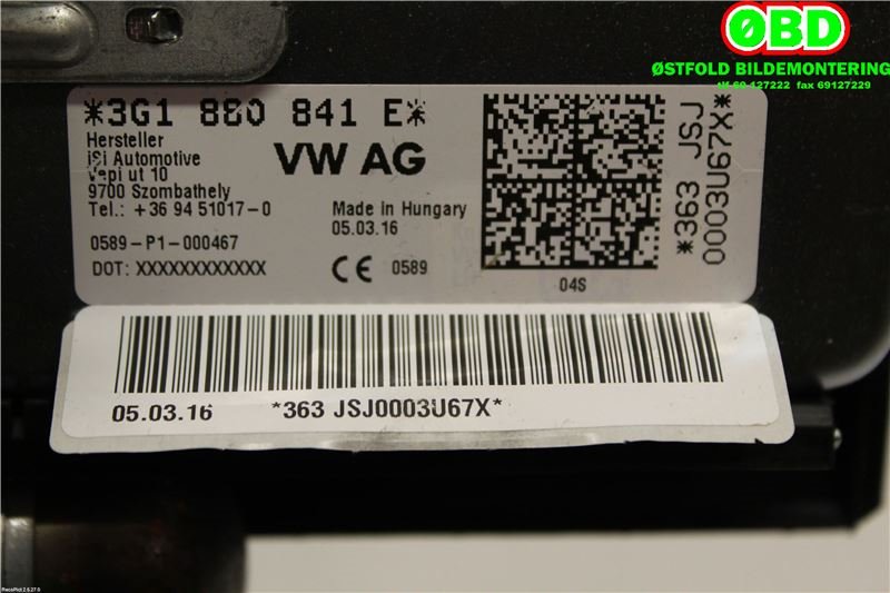 Airbag kne til VW Passat 2015-2019 (Fase 1) (B8) (B8) (VOLKSWAGEN|3G1 880 841 G||3G1880841E)