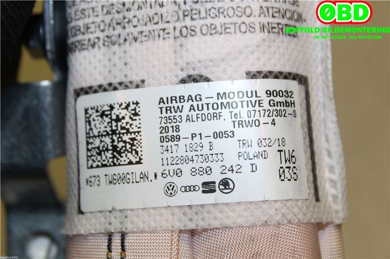 Airbag sidepute høyre til Škoda Fabia 2014-2021 (Type III)  (SKODA|6V0 880 242 D||6V0880242D)