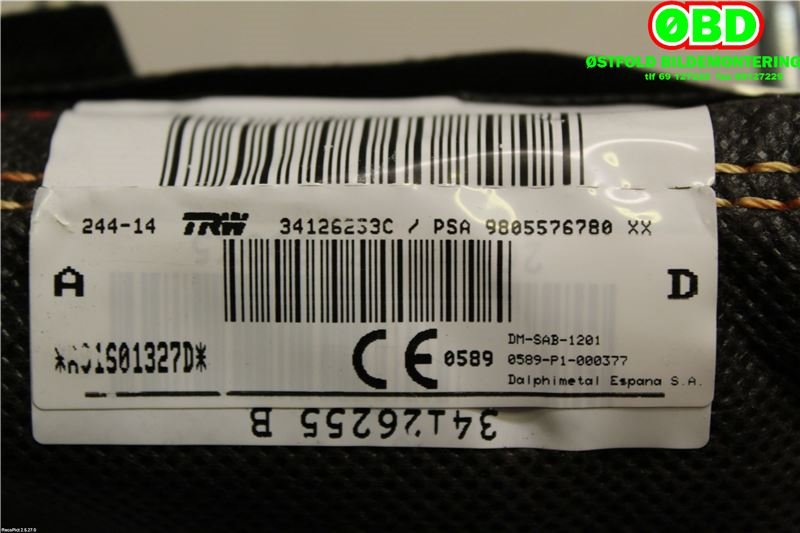 Airbag sidepute venstre til Peugeot 308 2013-2021 (Type II)  (PEUGEOT|9805576780|)