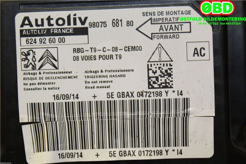 Airbag elektronikk til Peugeot 308 2013-2021 (Type II)  (PEUGEOT|9807568180|)