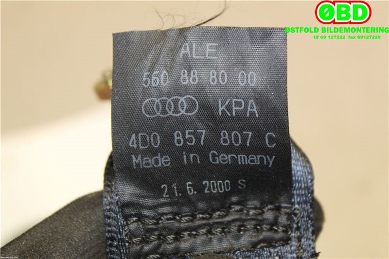 Sikkerhetsbelte bak midtre til Audi A8 1995-2002 (Type I) (AUDI|4D0857703C||4D0857807C)
