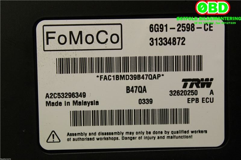 Styreenhet elektrisk parkbrems (EPB - Electric Parking Brake) til Volvo V60 2010-2013 (Type I, Fase 1)  (VOLVO||6G912598CE|31334872)